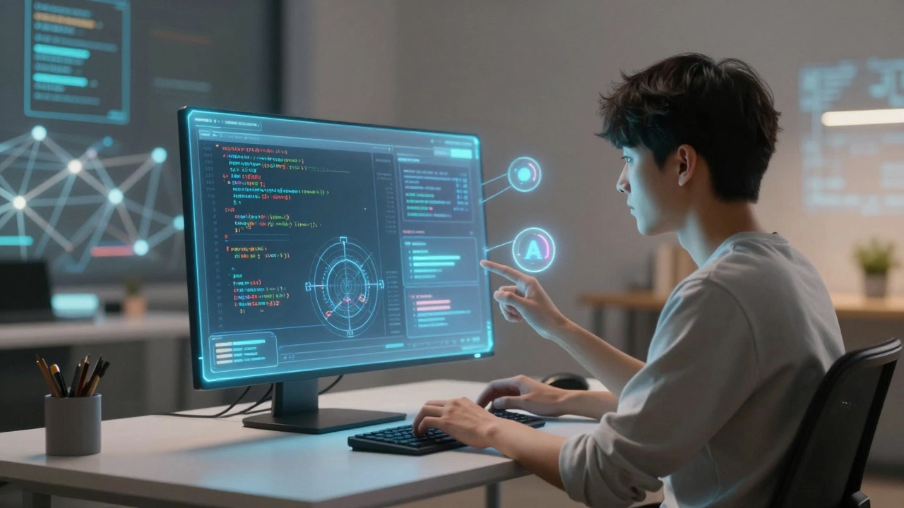 Student using holographic AI tutor for personalized online learning