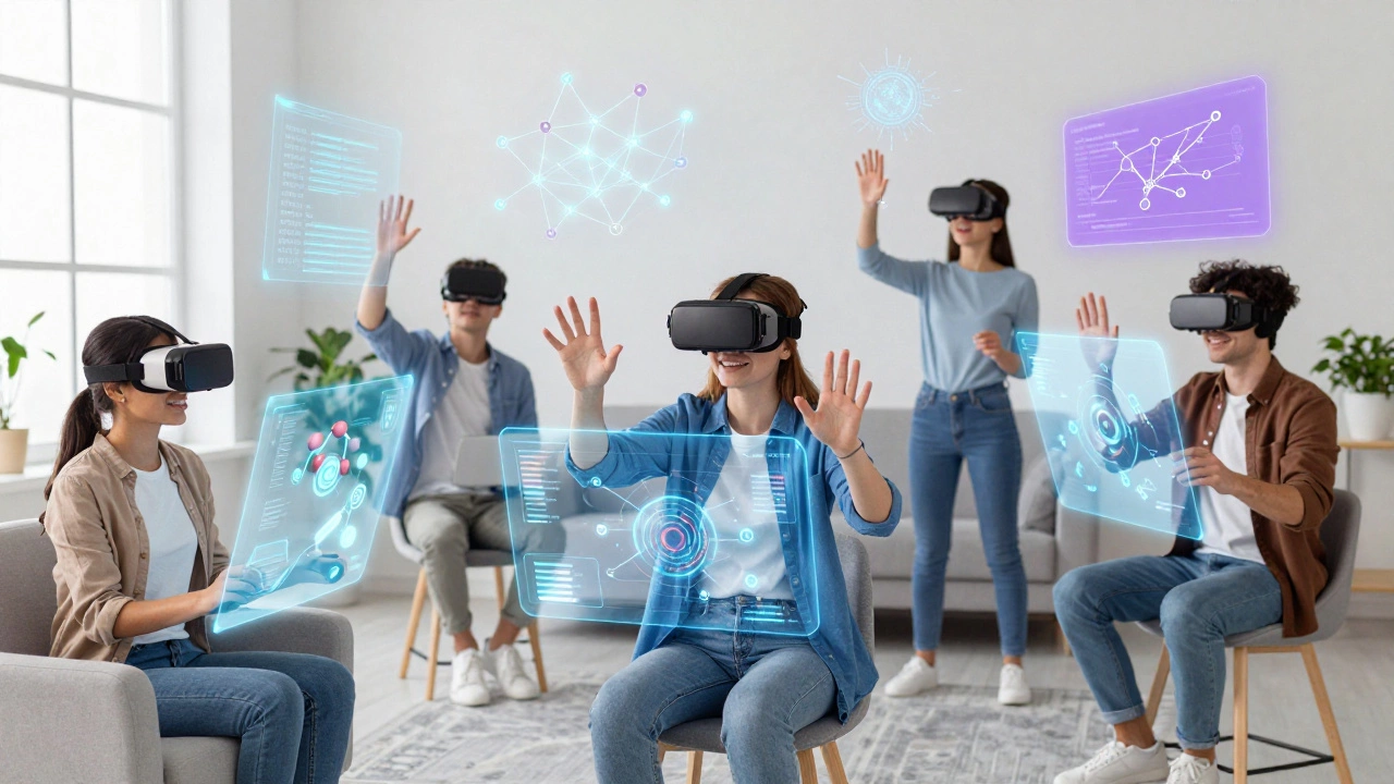 Students using VR headsets and holograms for AI-powered remote learning