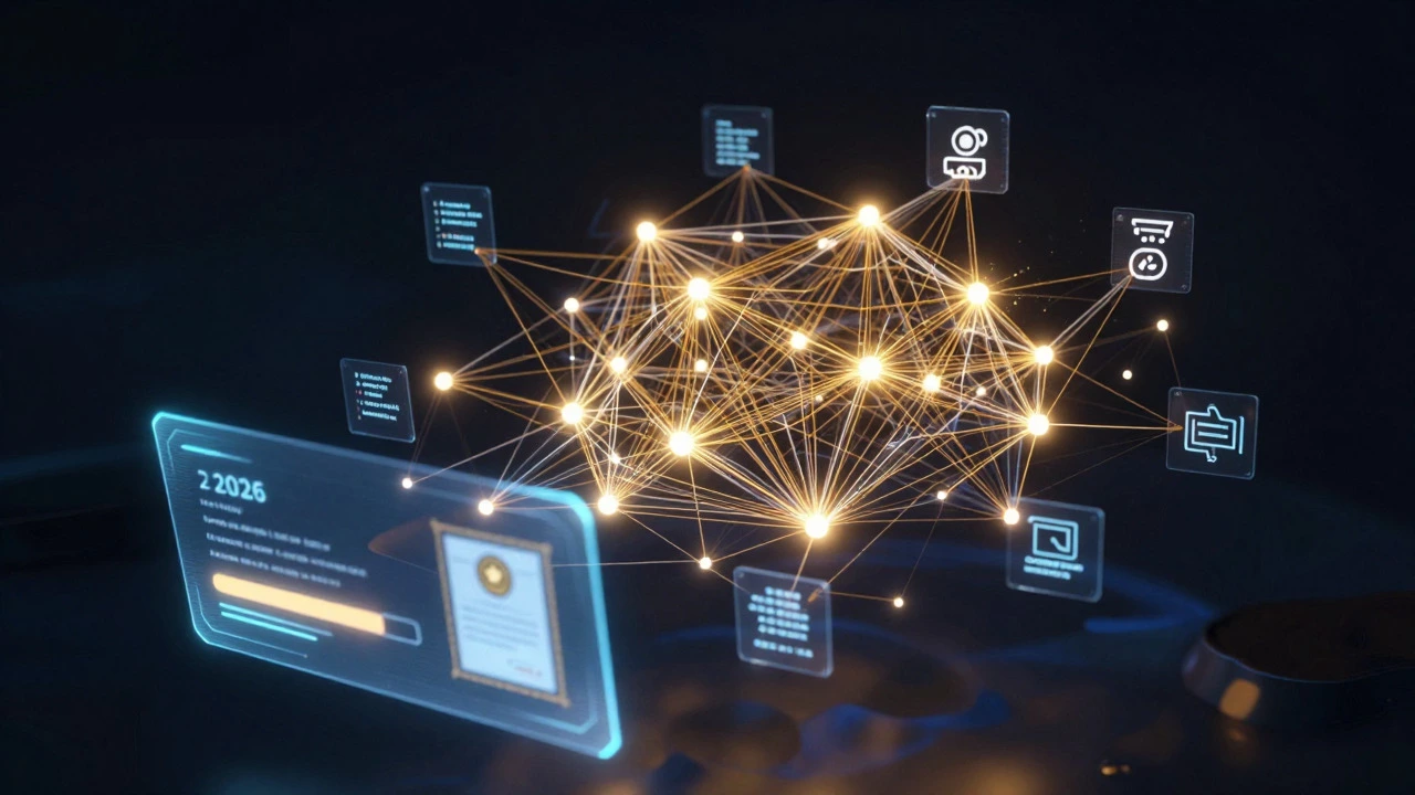 Abstract visualization of AI-powered personalized online learning networks and credentials