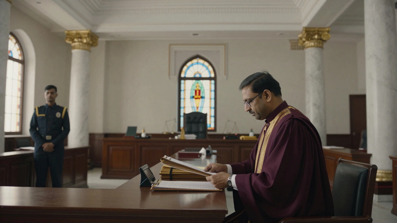 Calm Indian courtroom scene with clerks and bailiffs