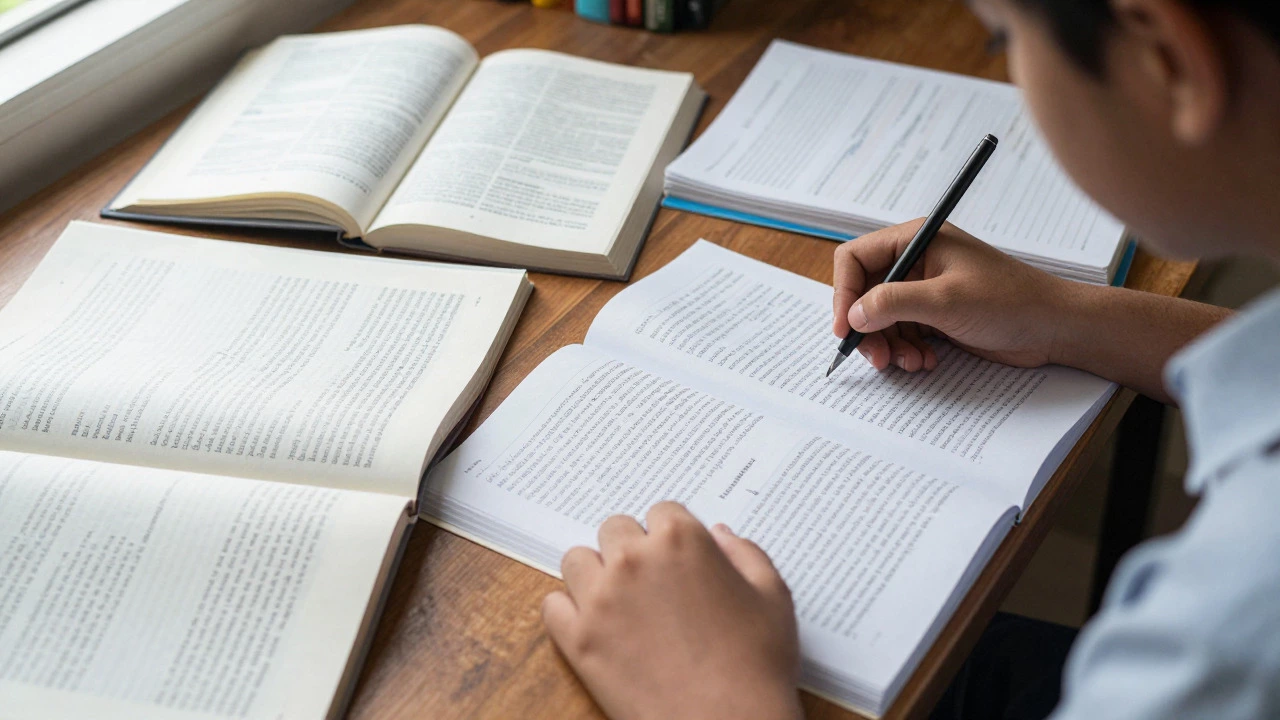 Close-up of a student analyzing literature and science texts on a cluttered desk.