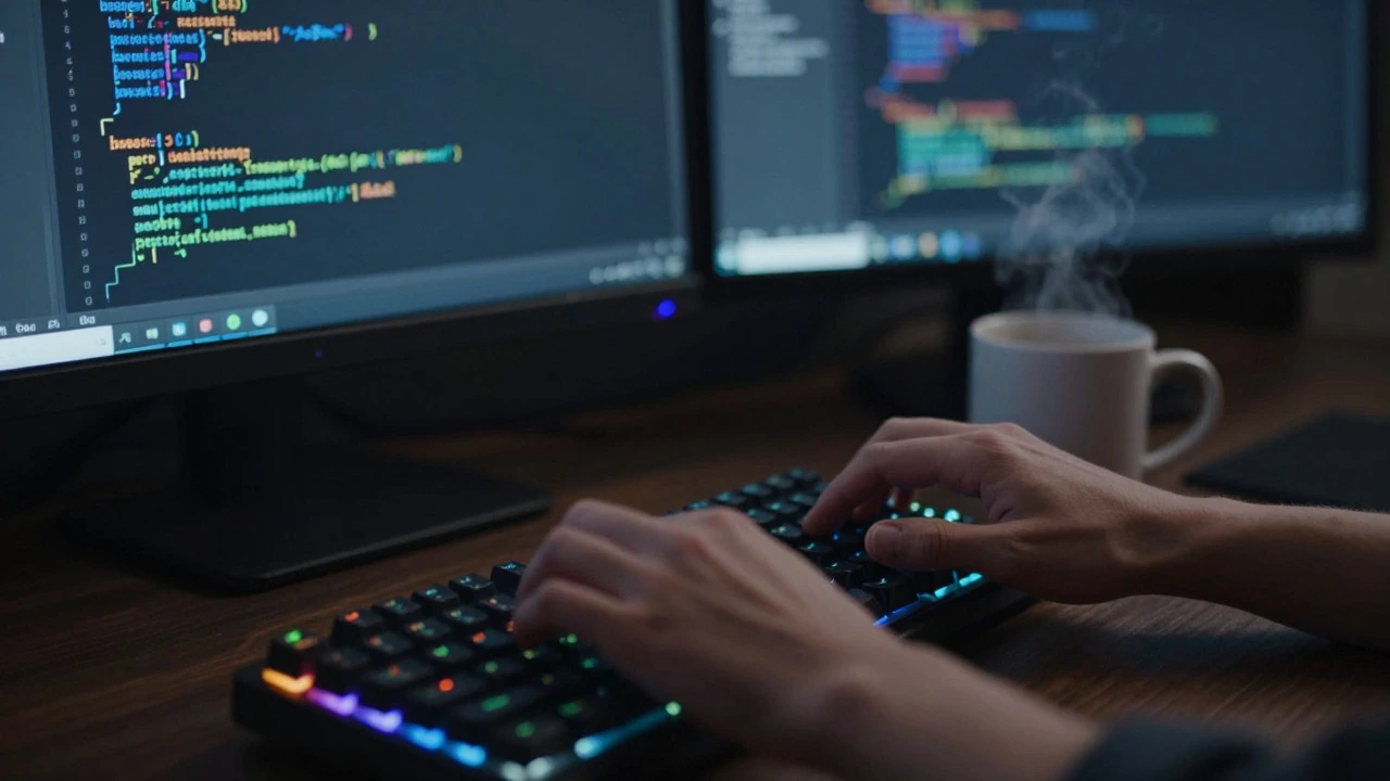 Close-up of hands typing code on a mechanical keyboard with glowing monitors