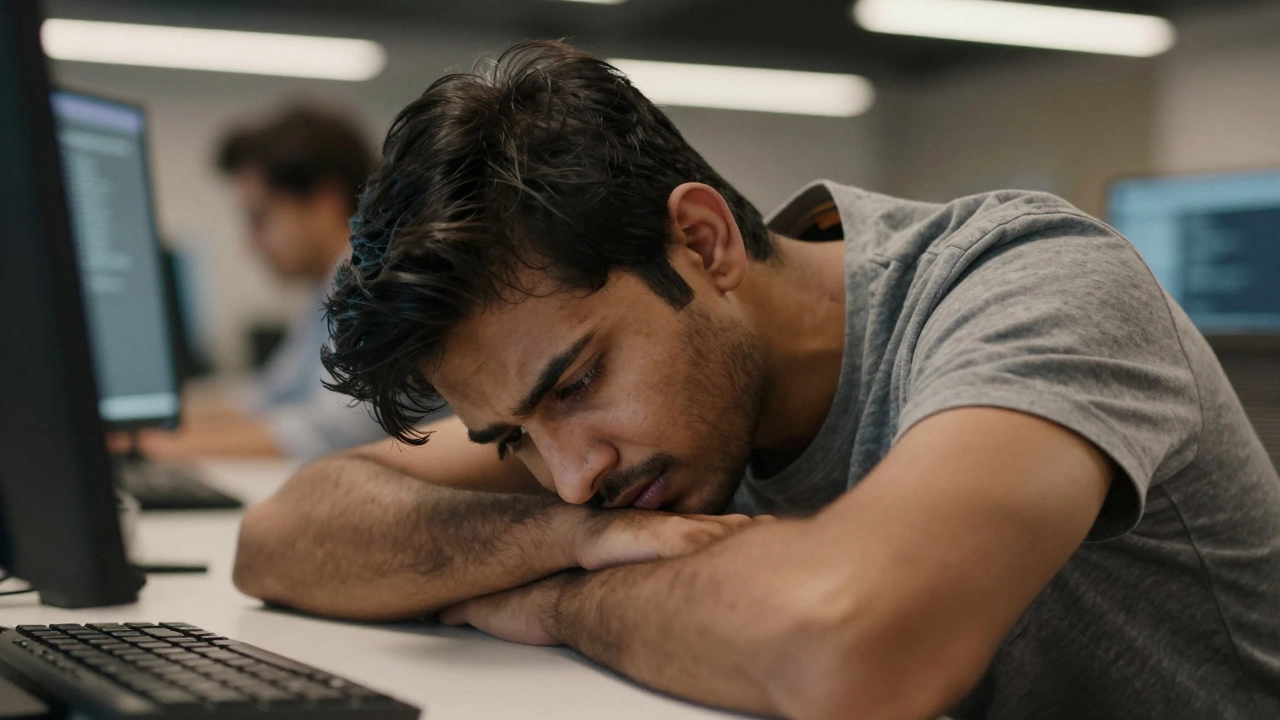 Exhausted programmer suffering from back pain and eye strain