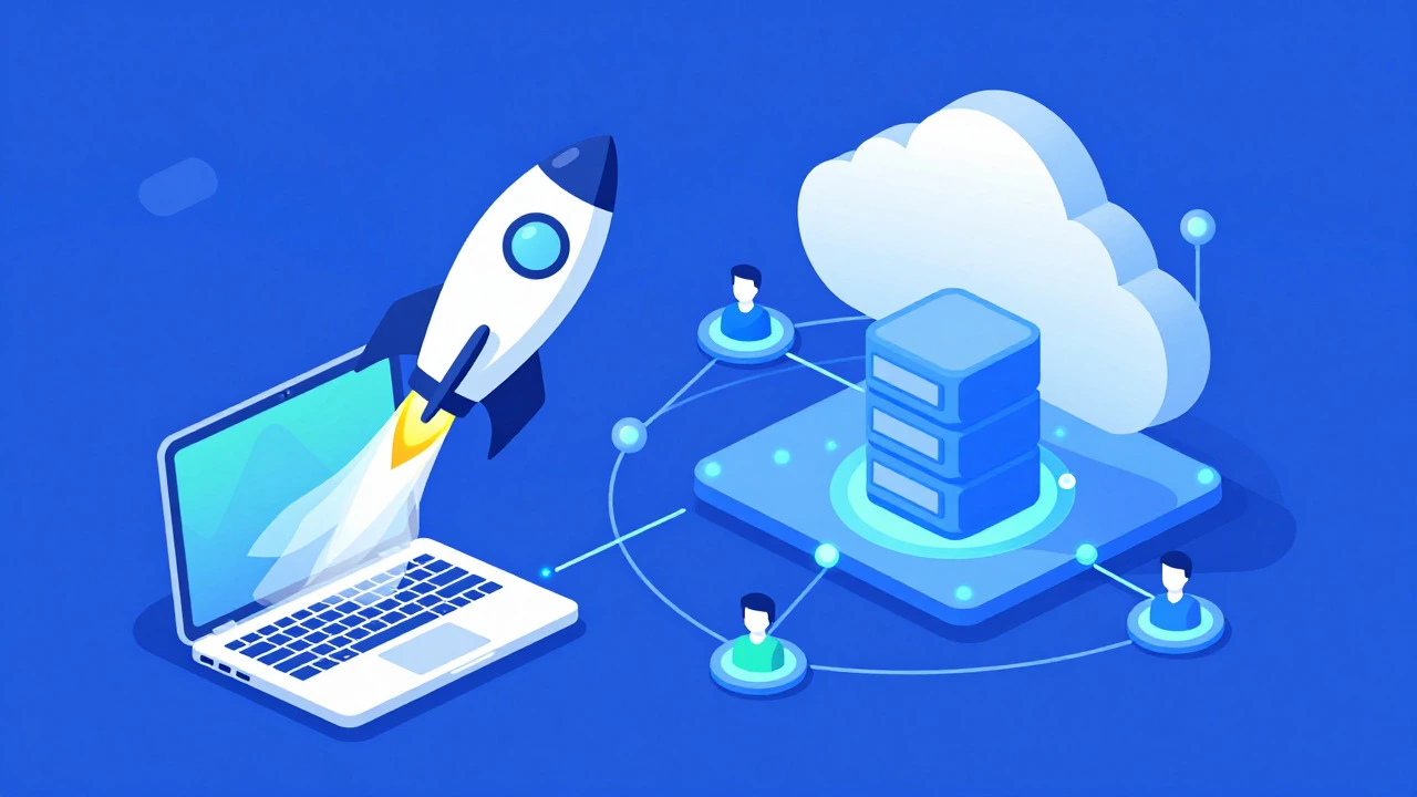 Illustration of software deploying from a laptop to cloud servers via a rocket