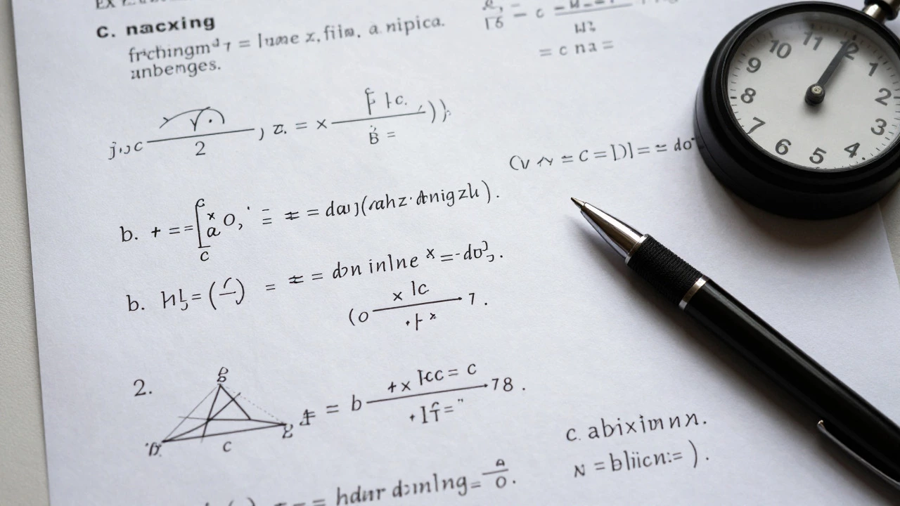 Math exam paper with calculus and a ticking clock