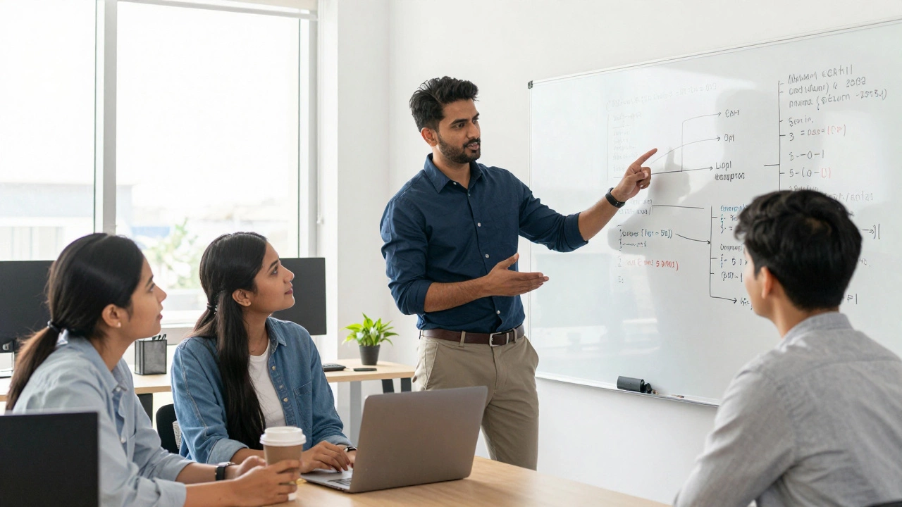 Mid-30s developer mentoring juniors in bright Indian office