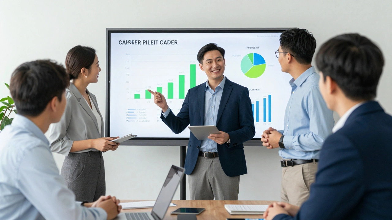 Professional successfully pivoting career in modern office