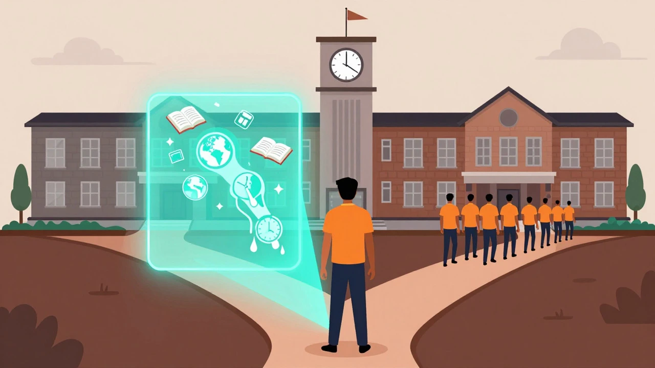Vector art showing choice between flexible eLearning and structured school