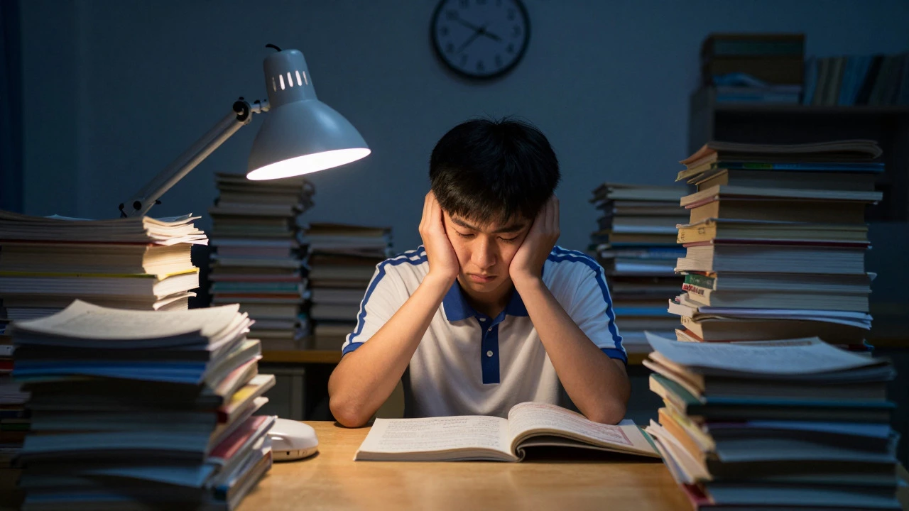 A Chinese student studying intensely under a lamp surrounded by books
