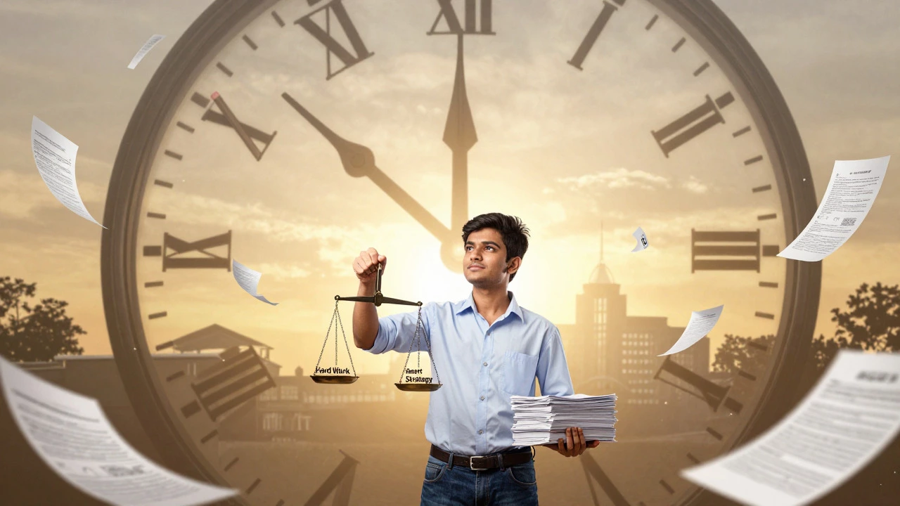 Aspirant standing before a giant clock with IIT campus silhouette in the distance.
