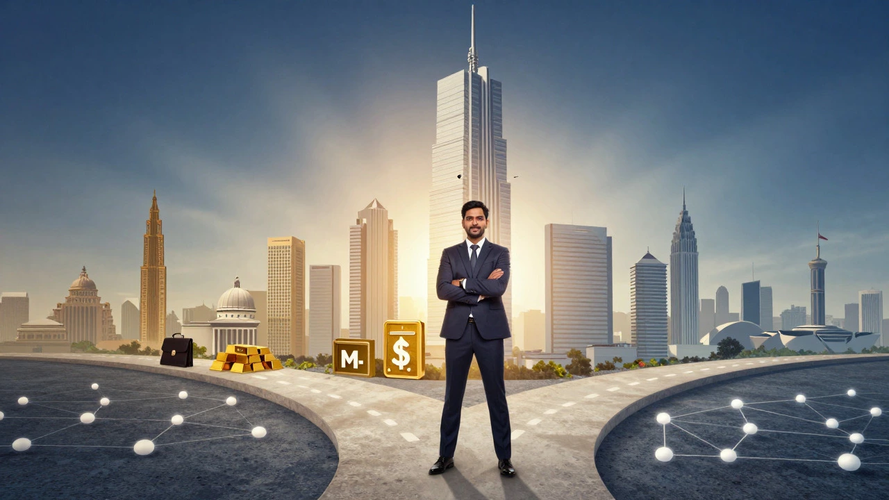 Conceptual art showing MBA career paths in finance versus consulting