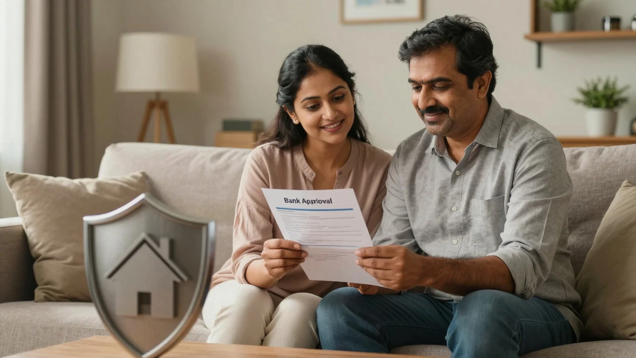 Couple smiling while reviewing home loan approval documents