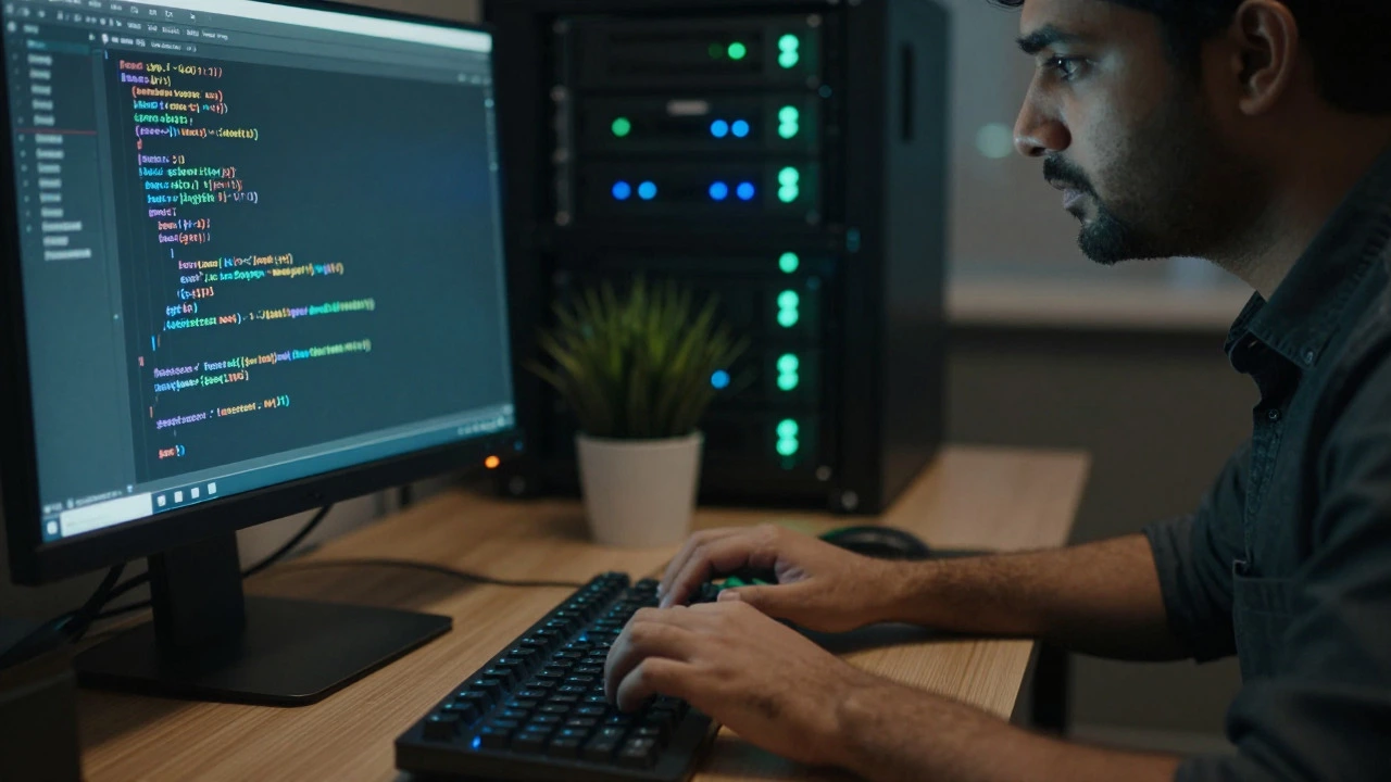 Developer coding with server lights in the background