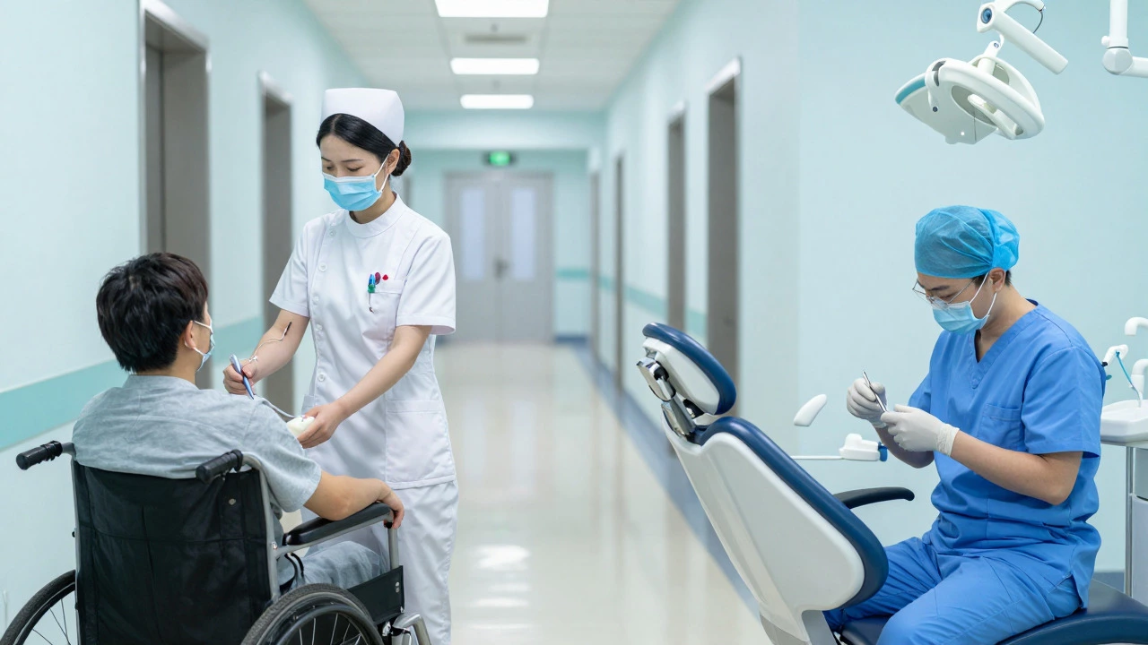 Nurse administering an IV and dental hygienist working in a clinic