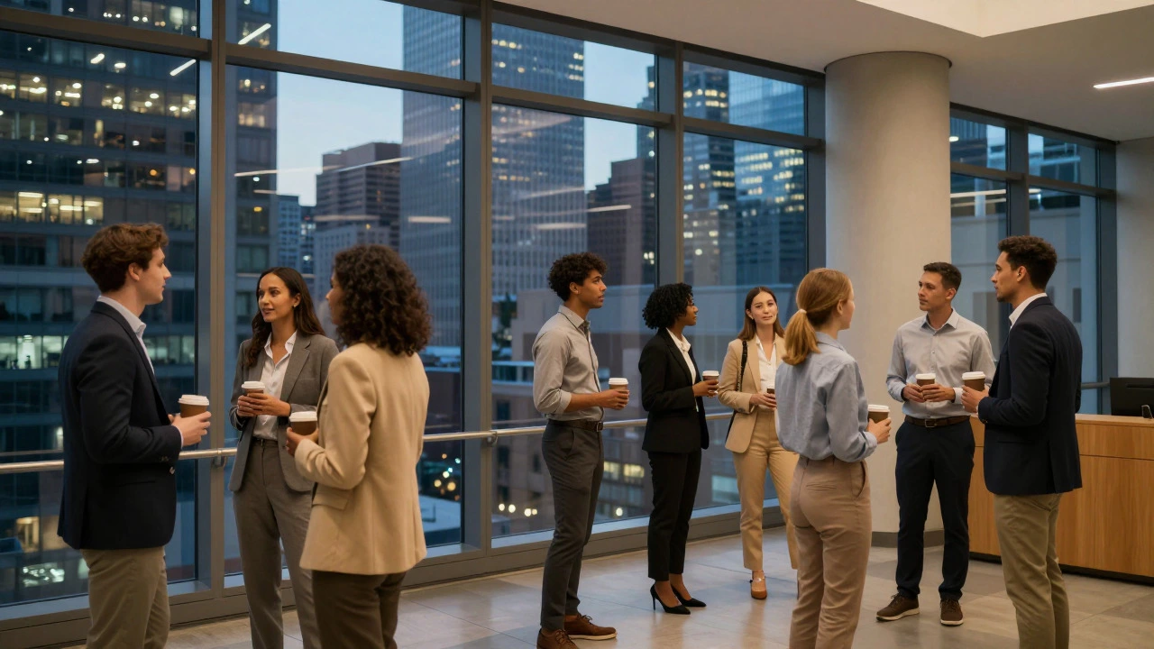 Professionals networking in a modern business school atrium