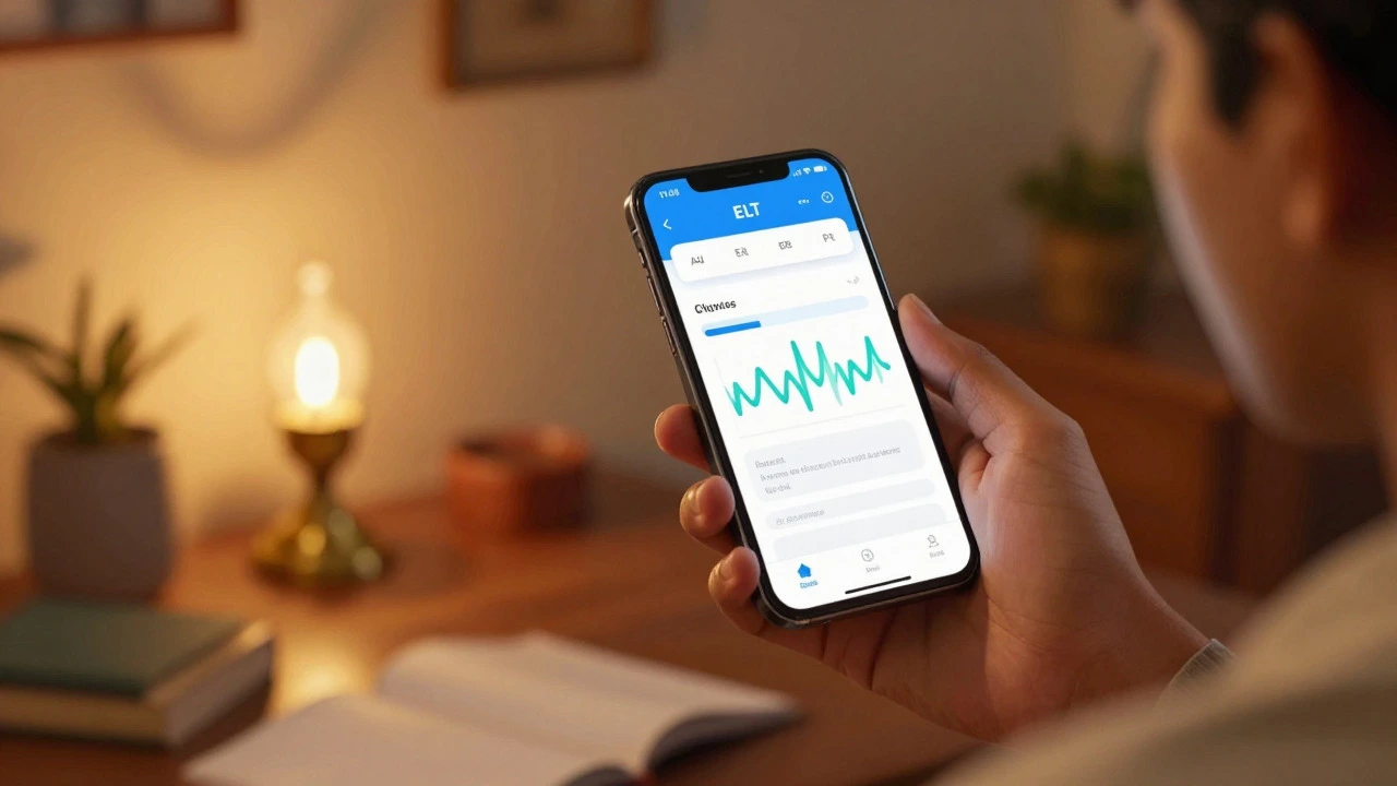 Student using an AI language app in a cozy home study setting