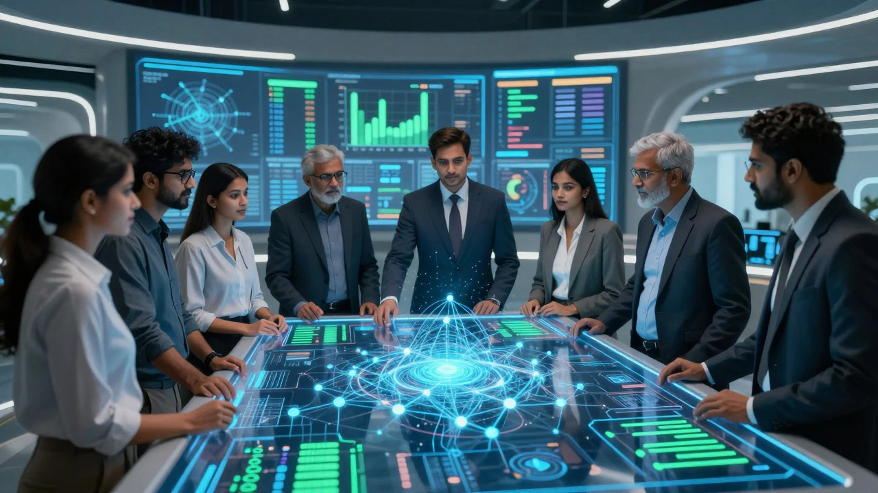 Team analyzing data on holographic screens in modern Indian tech office