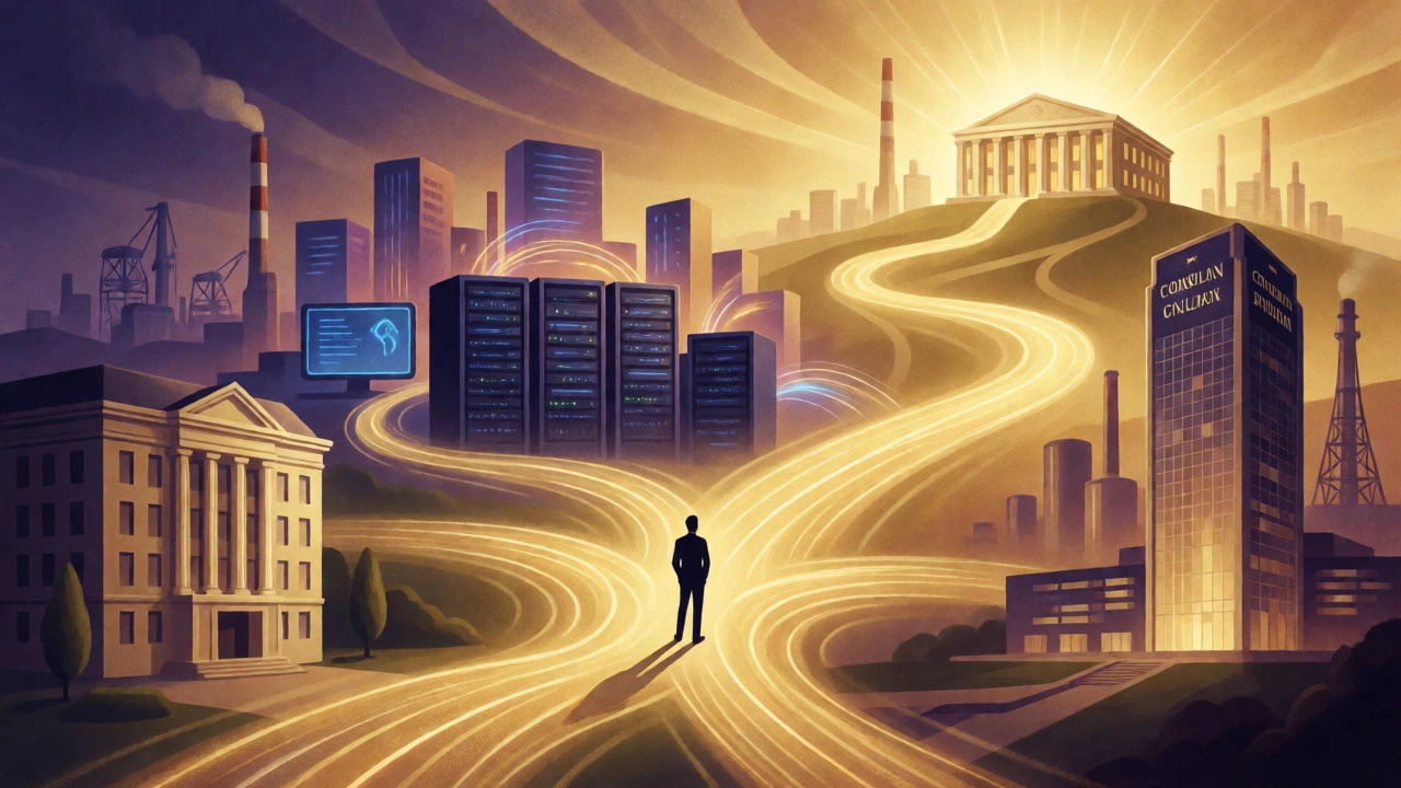 Abstract visualization of MBA career paths leading to executive leadership