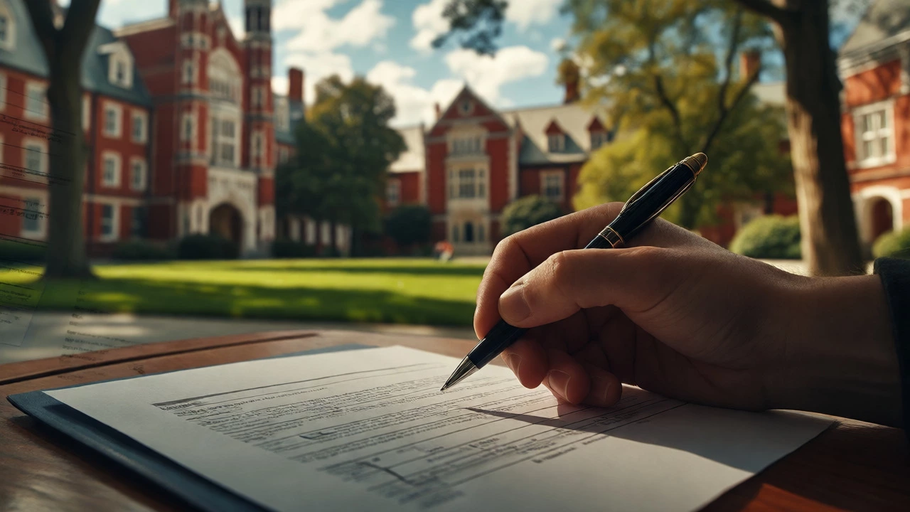 Close-up of a hand submitting an application near a university