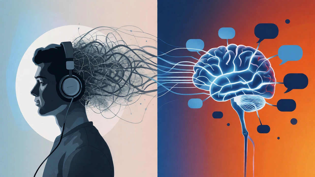 Conceptual art showing brain neural pathways shifting from translation to automatic speech.