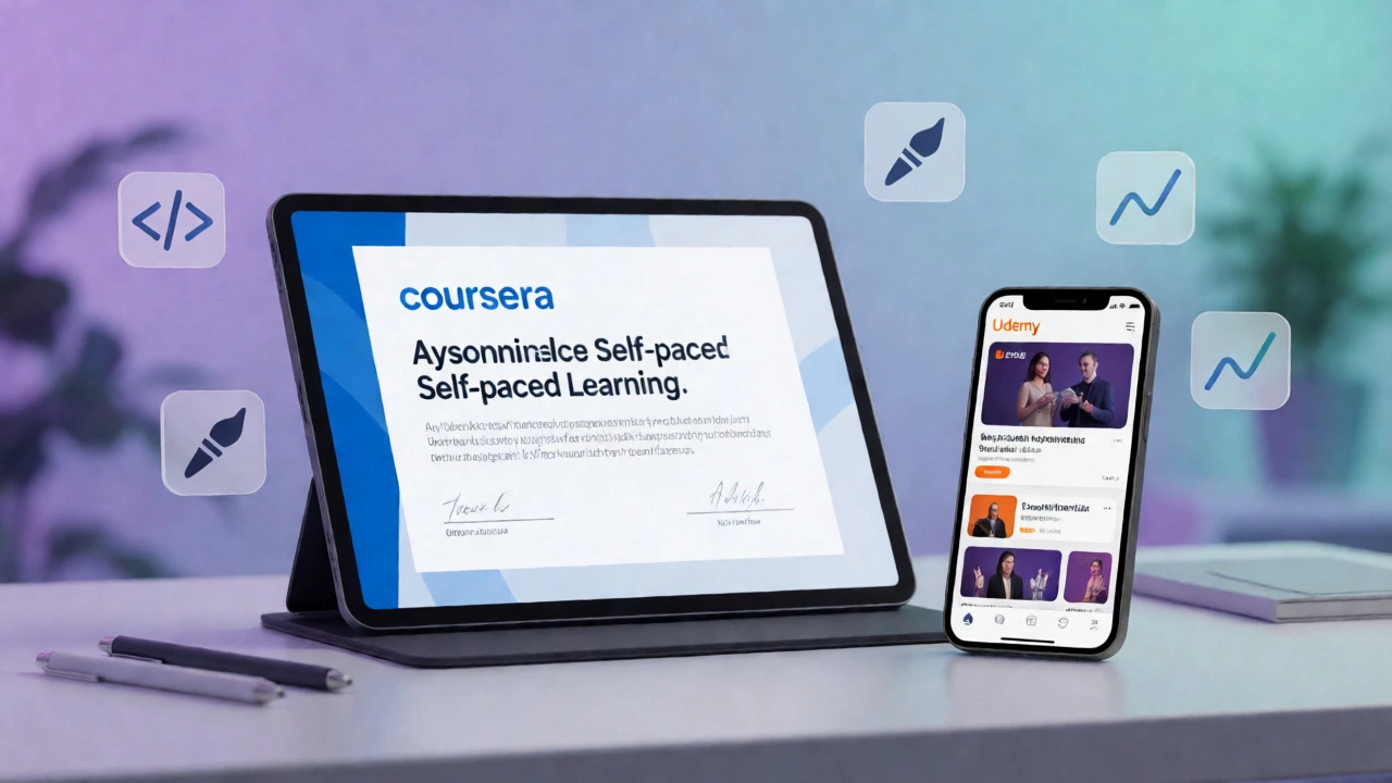 Desk setup with tablet and phone displaying online course certificates and lessons.