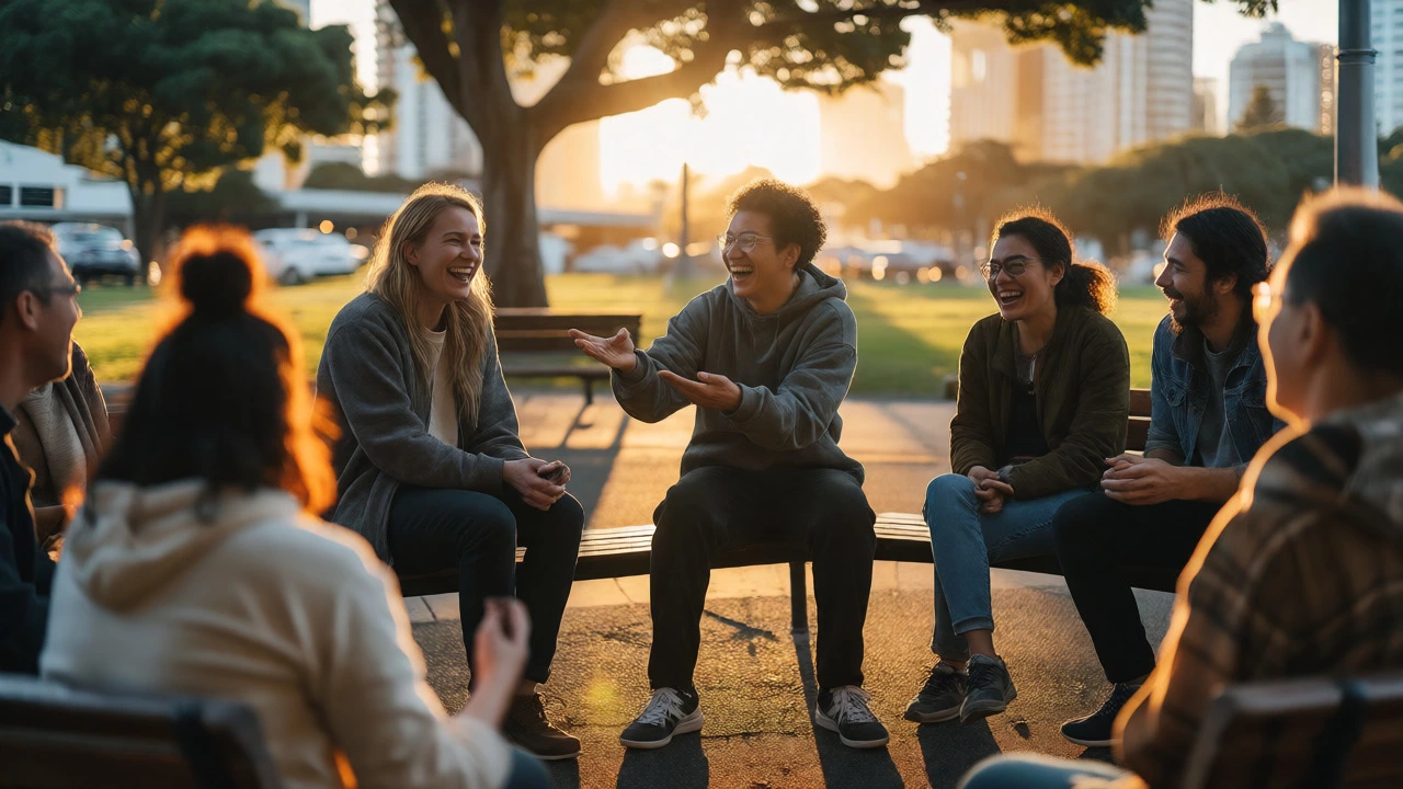 Diverse group laughing and talking during a casual outdoor language meetup.