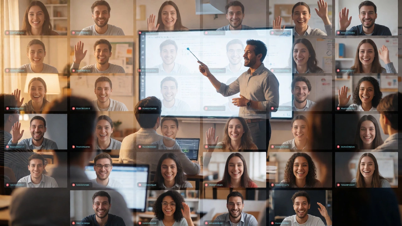 Professor teaching a hybrid class with a grid of remote students on screen.