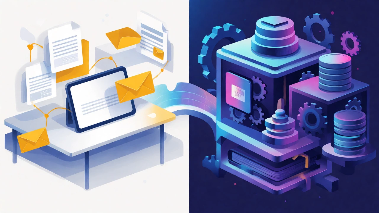 Split view comparing simple Google Classroom interface with complex LMS architecture