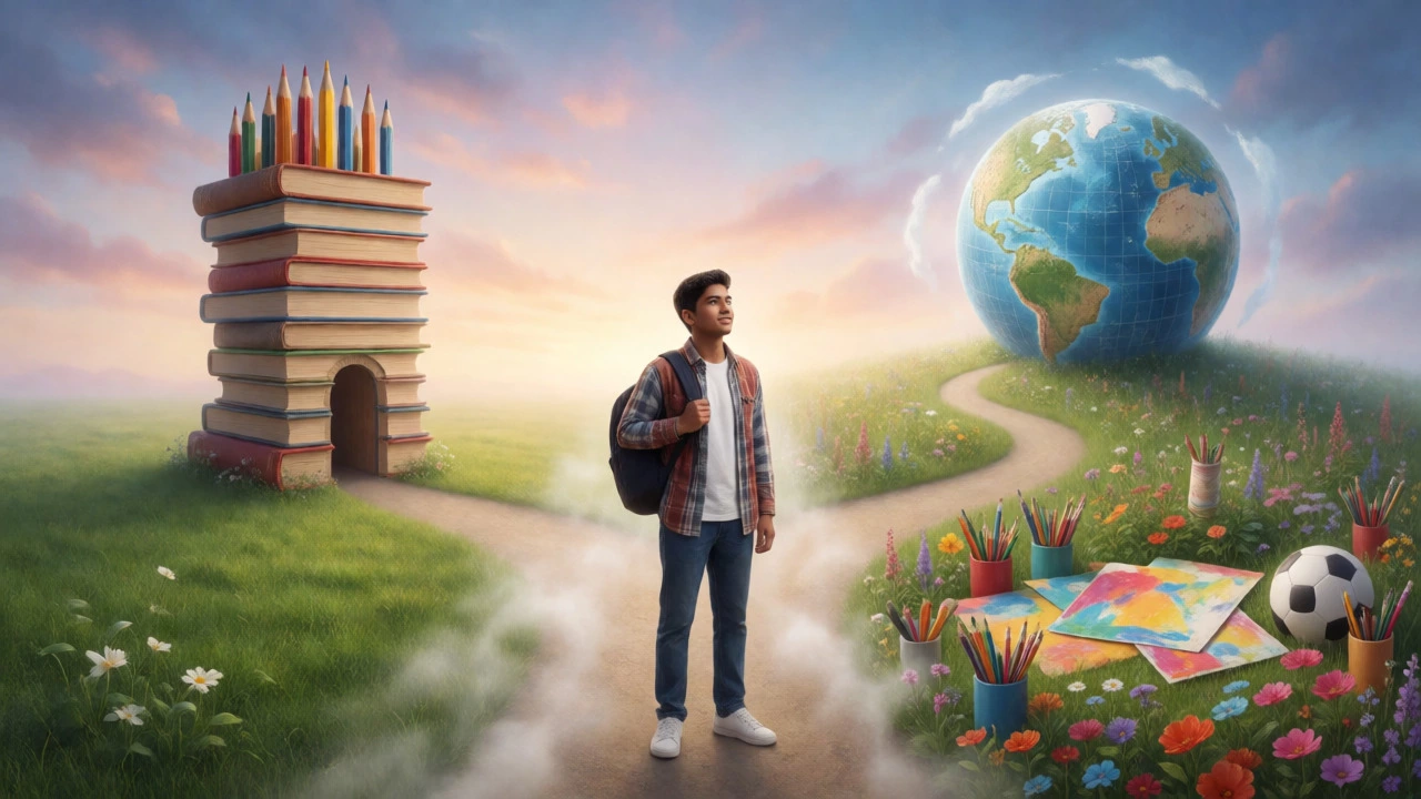 Student standing at a symbolic crossroads choosing their educational path