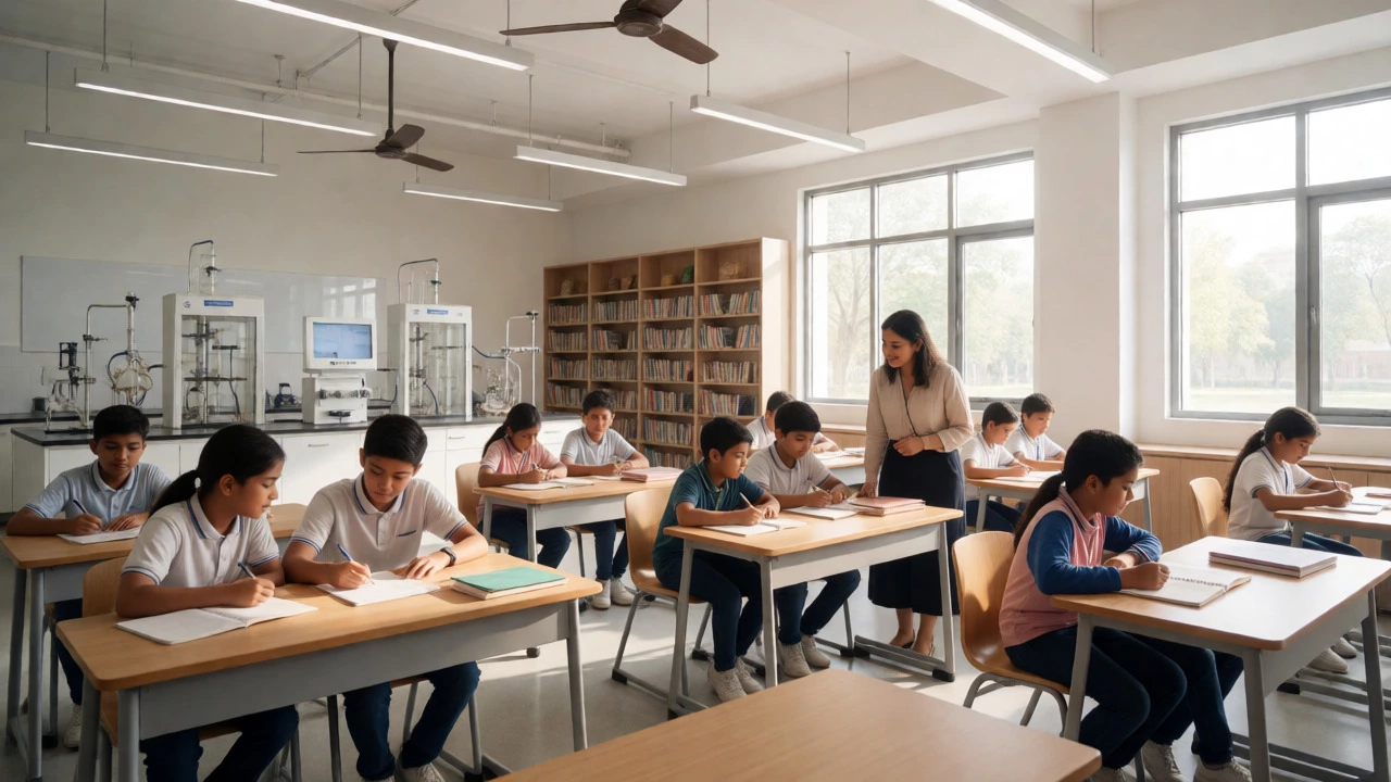 Students collaborating in a modern, sunlit classroom with advanced facilities