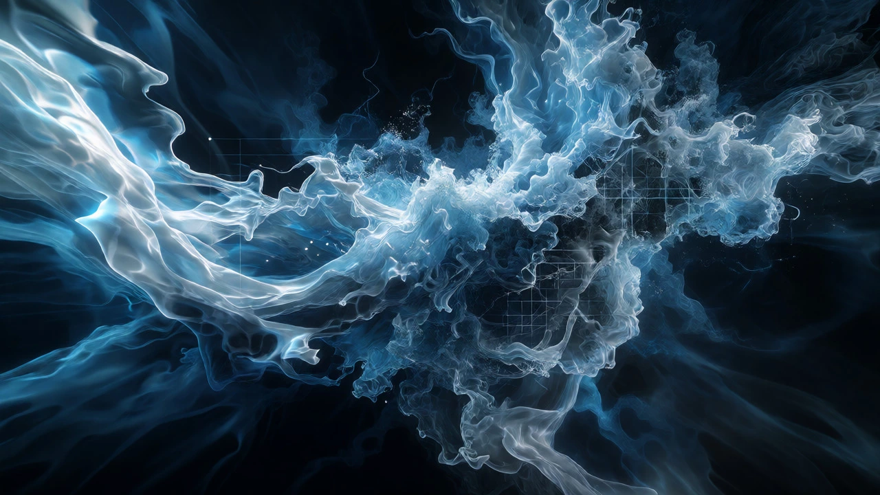 Surreal visualization of turbulent fluid dynamics representing the unsolved Navier-Stokes equations.