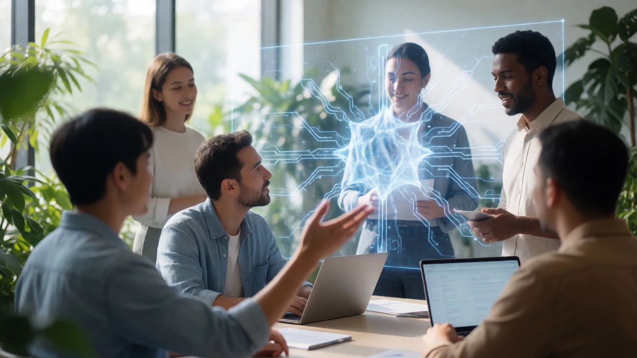 Team discussing tech strategy with holographic projections in a modern office