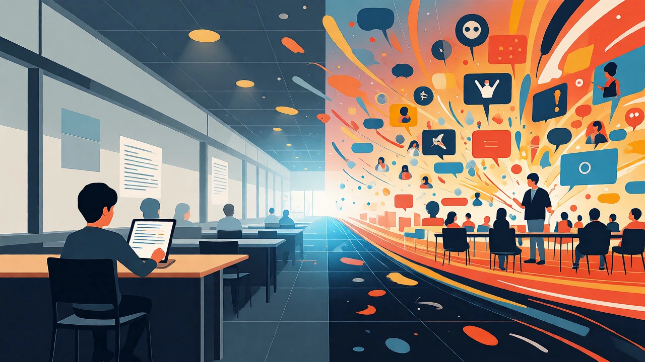 A conceptual split image showing the blend of self-paced and live online learning