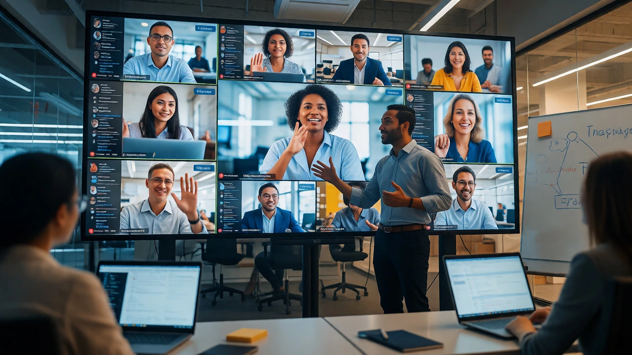 An instructor leading a live virtual class with multiple participants on screens