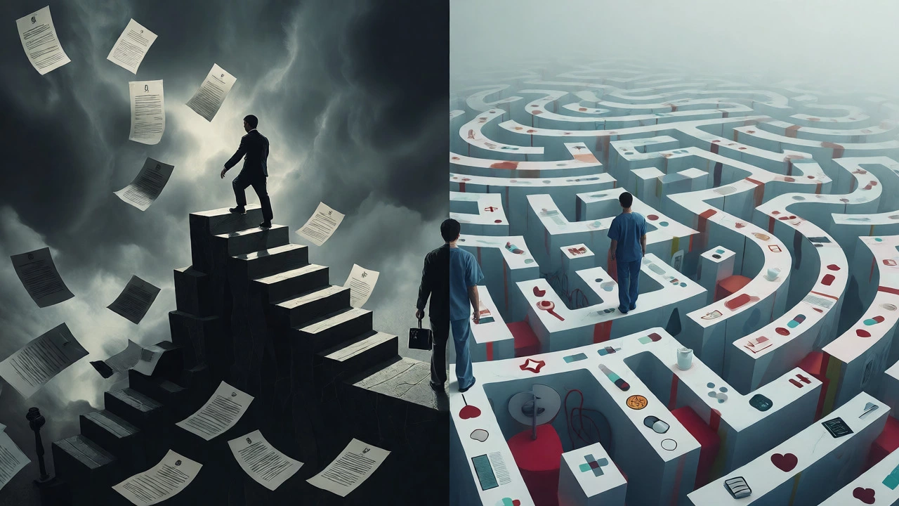 Conceptual art of a person facing two paths: a steep legal staircase and an adaptive medical maze.