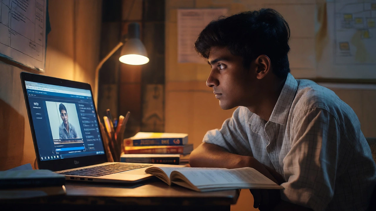 Focused Indian student studying late at night with laptop and books, highlighting online exam prep.