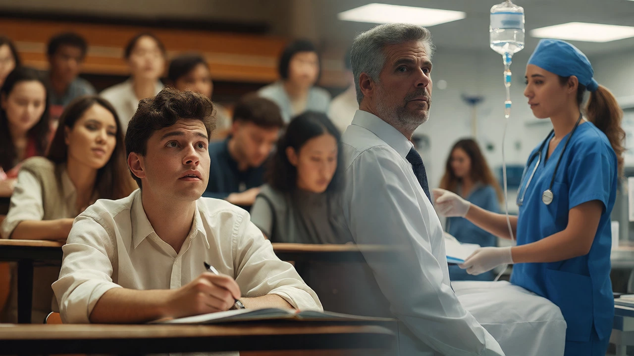 Law student in a classroom and nurse in a hospital, contrasting academic and clinical pressures.