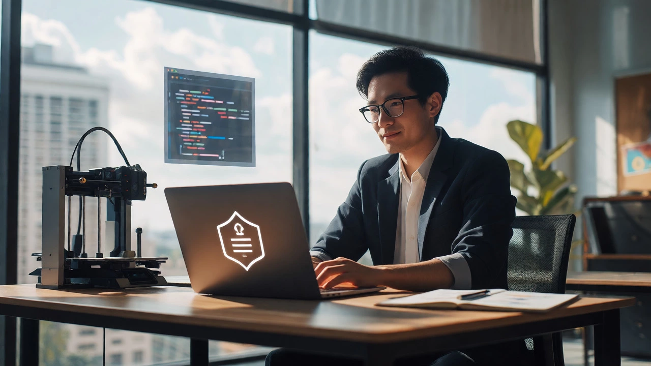 Professional at a desk with a laptop displaying a digital certificate badge in a bright office.