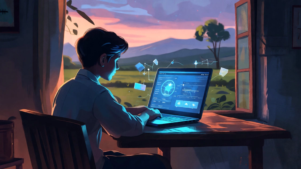 Rural student studying physics on a laptop with a scenic village background.