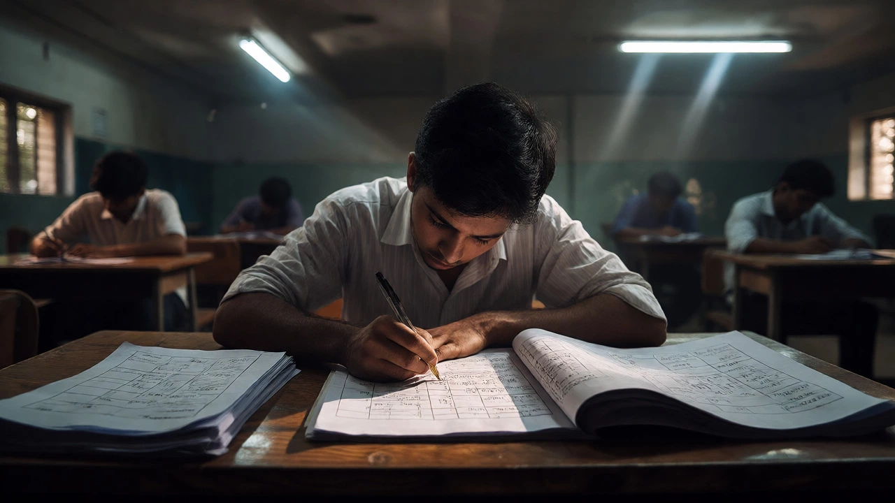Student intensely solving math problems in a dimly lit, intense study room.
